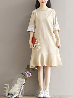 Beige Shift Knee Length Plus Size Dress for Casual Party