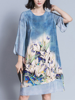 Blue Colorful Shift Knee Length Plus Size Floral Dress for Casual Party Evening