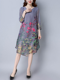 Grey Colorful Shift Knee Length Plus Size Floral Dress for Casual Party