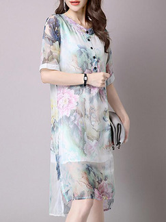 Blue Colorful Shift Knee Plus Size Floral Dress for Casual Party