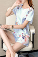 Blue Colorful Two Piece Shirt Shorts Plus Size Floral Jumpsuit for Casual Evening Party