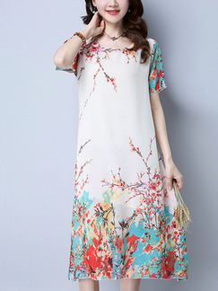 White Colorful Shift Knee Length Plus Size Dress for Casual Office Evening Party