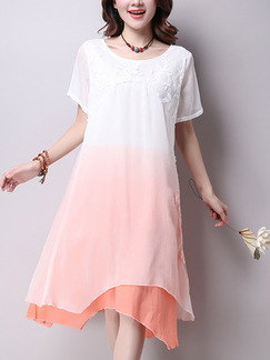 White and Orange Shift Knee Length Plus Size Dress for Casual Office Party