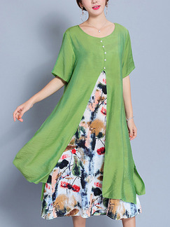 Green Colorful Shift Midi Plus Size Dress for Casual Office Party