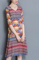 Colorful Shift Knee Length Plus Size V Neck Dress for Casual Office Evening Party