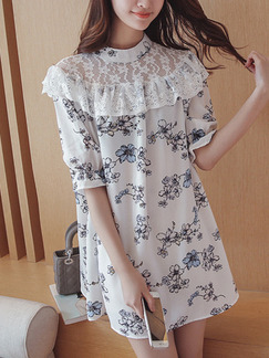 White Shift Above Knee Floral Lace Dress for Casual Party