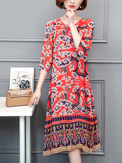 Red Colorful Shift Knee Length Plus Size Dress for Casual Office Evening