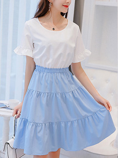 Blue and White Fit & Flare Knee Length Plus Size Dress for Casual Party Office Evening