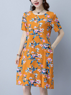 Orange Colorful Shift Knee Length Plus Size Floral Dress for Casual Party