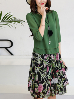 Green and Black Two Piece Knee Length Plus Size Dress for Casual Office Party