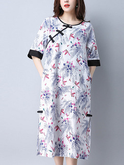 White Colorful Shift Midi Plus Size Dress for Casual