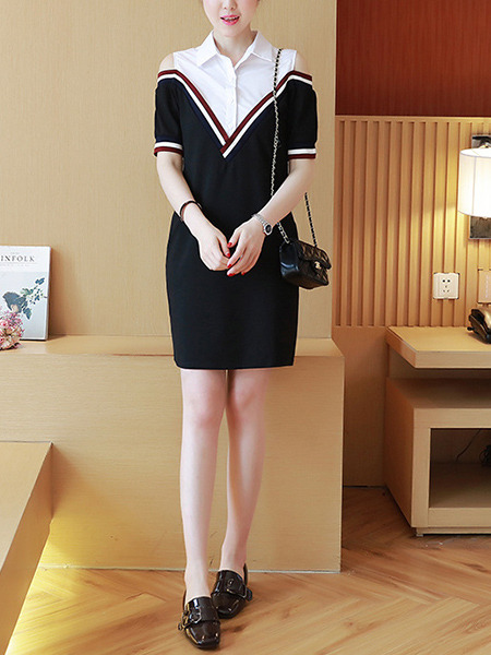 Black and White Shift Above Knee Plus Size Shirt Dress for Casual Office Evening