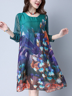 Colorful Shift Knee Length Plus Size Long Sleeve Dress for Casual Party