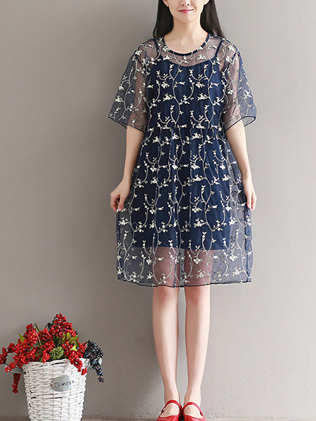 Blue Shift Knee Length Plus Size Dress for Casual Party