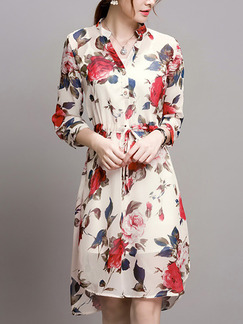 Beige Red Colorful Fit & Flare Knee Length Plus Size Floral V Neck Dress for Casual Office Evening