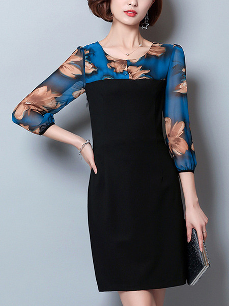 Black and Blue Sheath Above Knee Plus Size Dress for Casual Office Evening