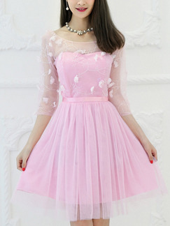 Pink Fit & Flare Above Knee Cute Dress for Bridesmaid Prom