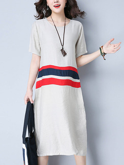 Grey Red and Blue Shift Knee Length Plus Size Dress for Casual