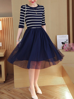 Blue and White Stripe Fit & Flare Knee Length Plus Size Dress for Casual Party Office Evening