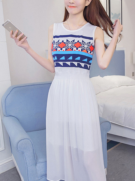 White Colorful Shift Midi Dress for Casual