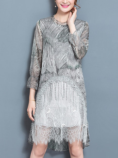 Grey Shift Above Knee Plus Size Lace Dress for Casual Office Evening Party