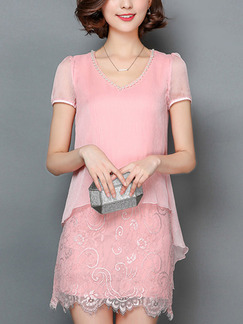Pink Cute Shift Above Knee Plus Size V Neck Lace Dress for Casual Office Evening Party