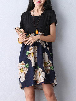 Black and Blue Colorful Shift Above Knee Plus Size Floral Dress for Casual Office Party