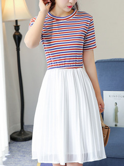 White Red and Blue Stripe Fit & Flare Above Knee Plus Size Dress for Casual Office Evening Party