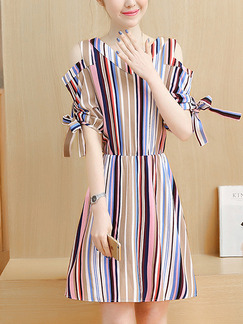 Colorful Stripe Fit & Flare Above Knee Plus Size V Neck Dress for Casual Office Evening