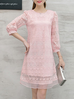 Pink Shift Above Knee Plus Size Lace Cute Dress for Casual Office Evening