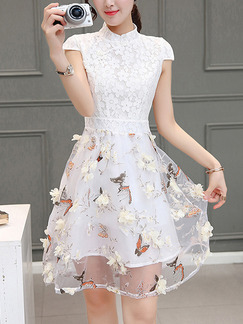 White Fit & Flare Above Knee Plus Size Lace Floral Dress for Casual Party Evening