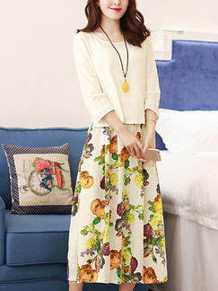 White Colorful Two Piece Midi Plus Size Dress for Casual Party Office