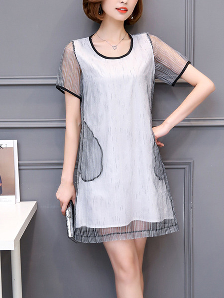 Grey and White Shift Above Knee Plus Size Dress for Casual Party Evening