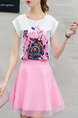 Pink and White Two Piece Above Knee Plus Size Floral Cute Dress for Casual Party Nightclub