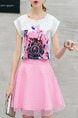 Pink and White Two Piece Above Knee Plus Size Floral Cute Dress for Casual Party Nightclub