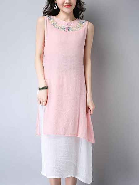 Pink and White Shift Midi Plus Size Cute Dress for Casual