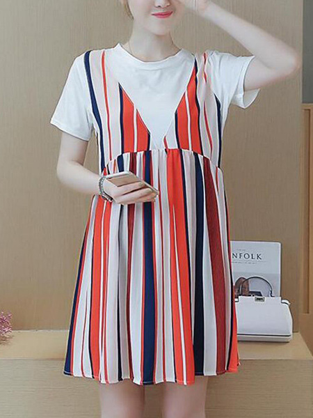 Red Blue and White Stripe Shift Above Knee Plus Size Dress for Casual Party