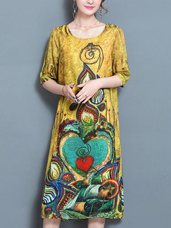 Yellow Colorful Shift Midi Plus Size Dress for Casual
