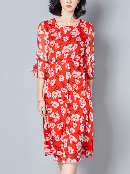 Red Shift Knee Length Plus Size Floral Dress for Casual