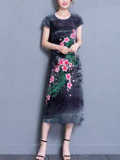 Blue Colorful Shift Midi Plus Size Floral Dress for Casual Party