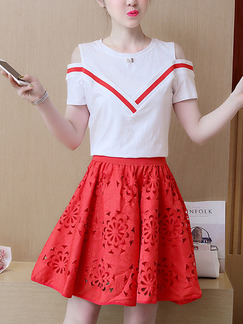 Red and White Two Piece Above Knee Plus Size Dress for Casual Party Evening