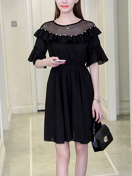 Black Fit & Flare Above Knee Dress for Casual Office Evening