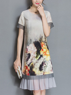 Grey Colorful Shift Knee Length Plus Size Floral Dress for Casual Office Party Evening
