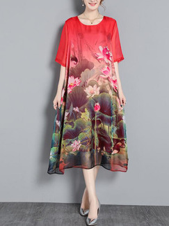 Red Colorful Shift Midi Plus Size Floral Dress for Casual Party