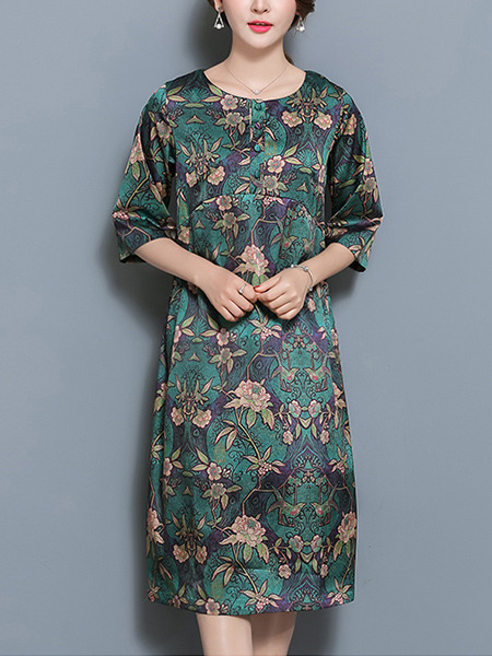 Green Colorful Shift Knee Length Plus Size Floral Dress for Casual Party