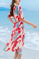 Red and Blue Midi V Neck Wrap Dress for Casual Beach