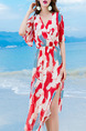 Red and Blue Midi V Neck Wrap Dress for Casual Beach