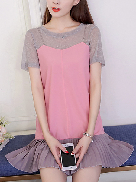 Pink and Grey Shift Above Knee Plus Size Cute Dress for Casual Party