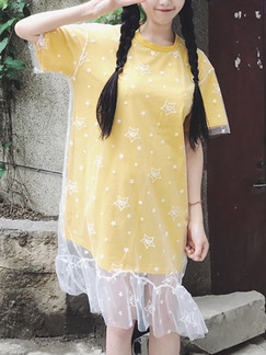 Yellow and White Shift Knee Length Dress for Casual