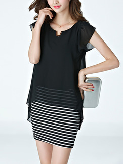 Black and White Stripe Sheath Above Knee Plus Size Dress for Casual Office Evening